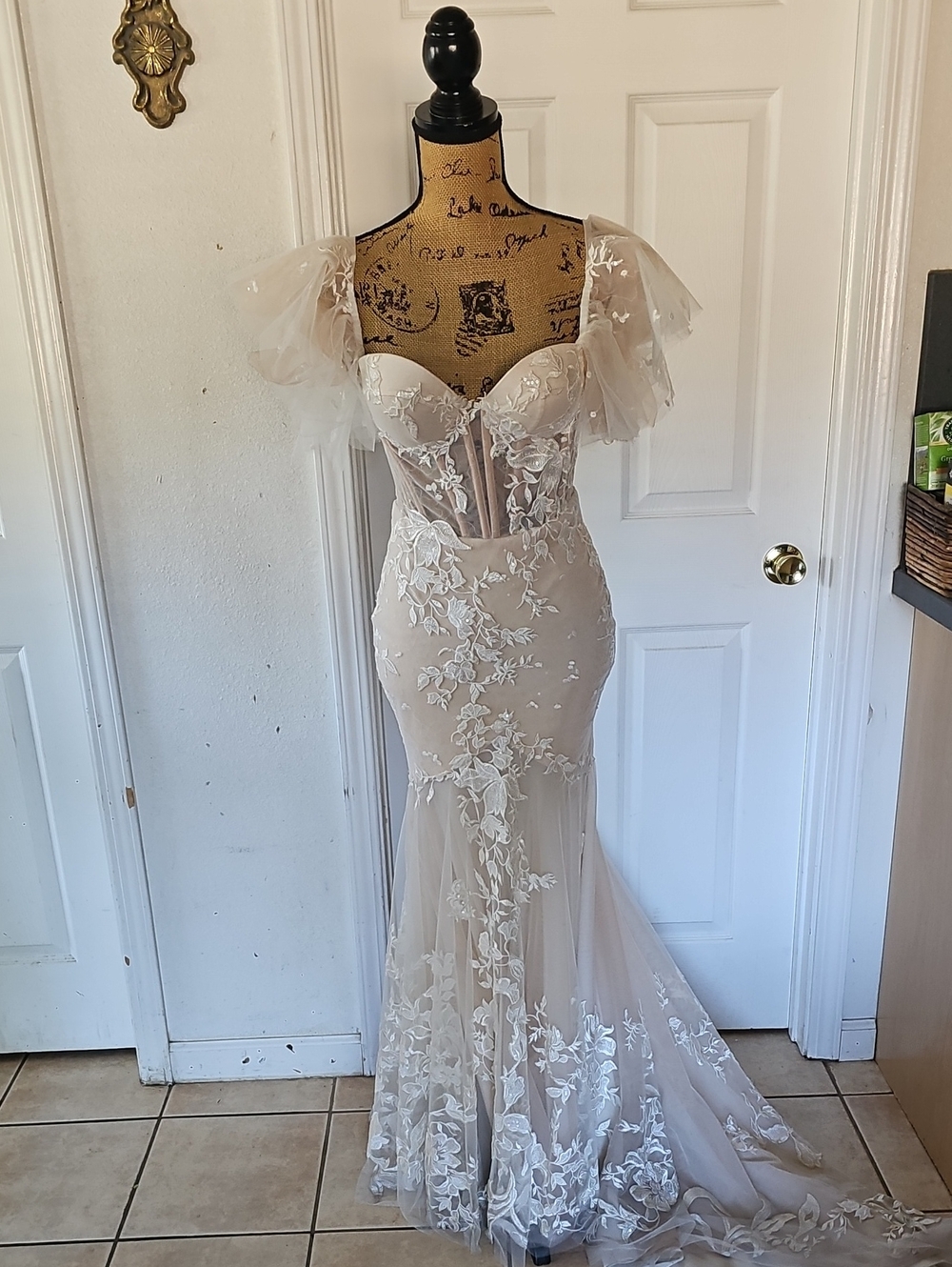 Ivory Lace Mermaid Gown with Sheer Puff Sleeves